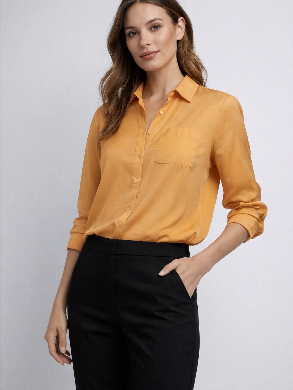 fresh women’s Button-Down Shirt in Orange, preppy, dressy, effortless